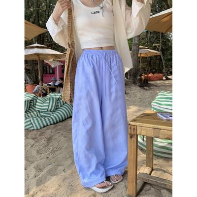 Korean Lazy Vertical Striped Casual Pants for Women In Spring and Autumn New High-waist Straight Loose Wide-leg Floor-sweeping Trousers