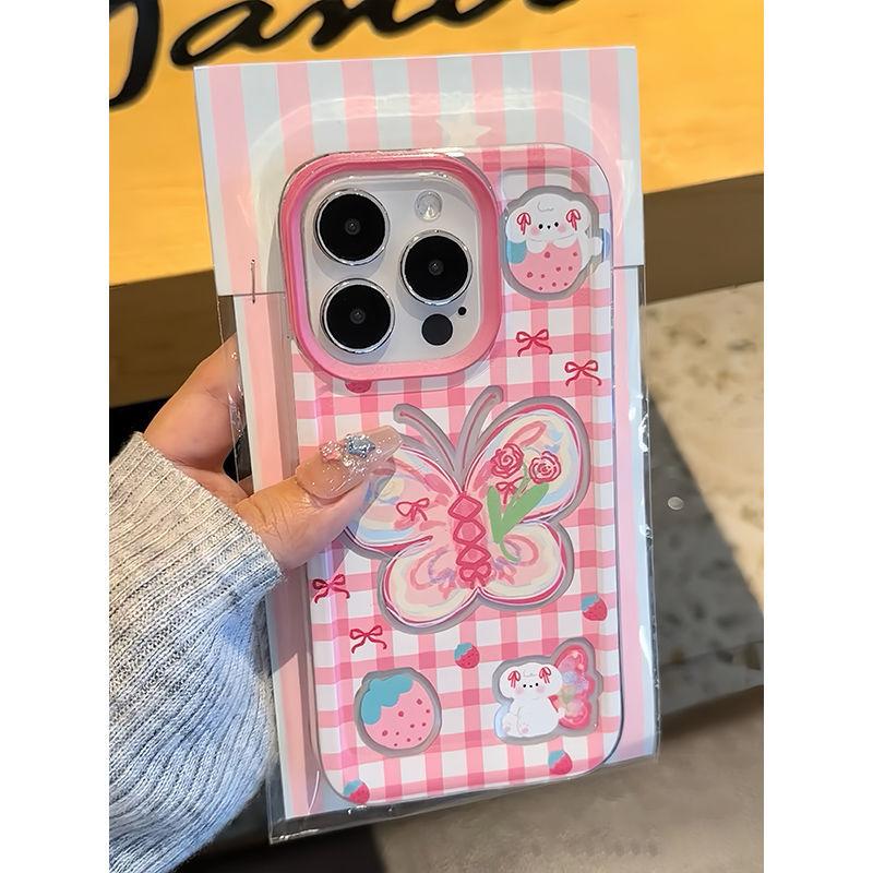 Doodle Suitable for Apple 16pro Butterfly Phone Case Iphone14 Space 15 Cute Pink and White Checkered Protective Case