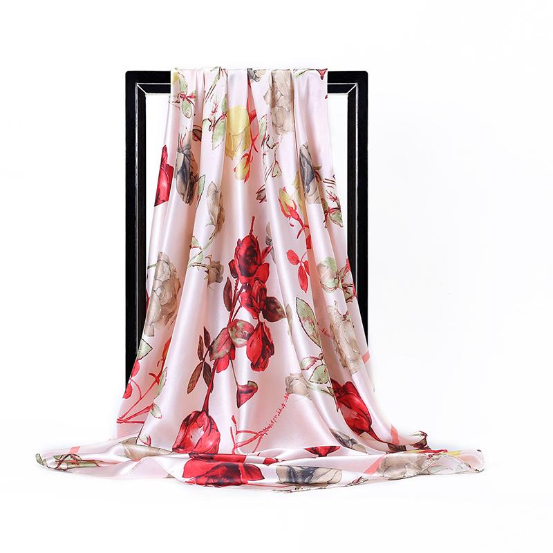 Spring New Flowers Print Satin Square Scarf for Women Muslim Hijab Silk Neckerchief Shawl Wraps Headband Foulard Bandana Turban
