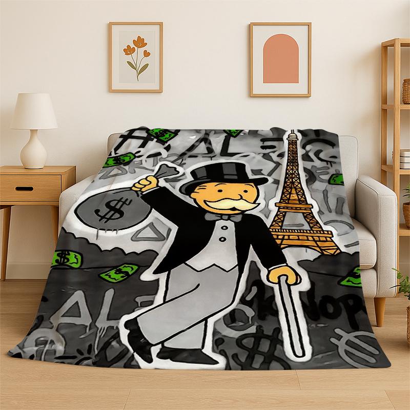 Monopoly Dollar Rich Game Cartoon Flannel Blanket Soft Warm Throw Blanket for Bedroom Living Room Bed Travel Camping Picnic