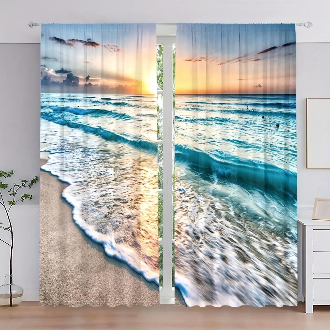 

2 шт. Шторы с тропическим пляжем и видом на океан - Полиэстер, кулиска, живописные шторы для гостиной, спальни и домашнего декора 53cmX116cmX2pcs&Rod Pocket