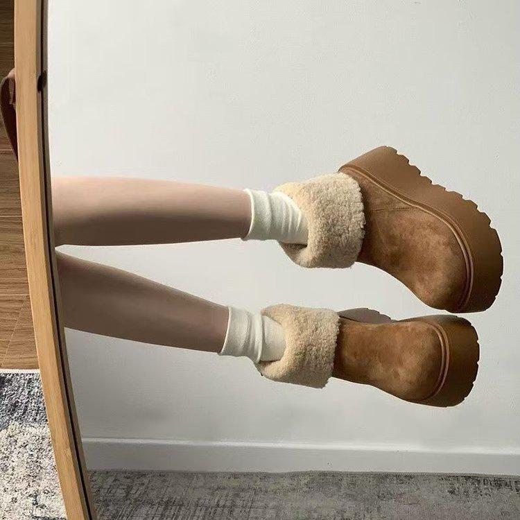 Thick-soled heightening snow boots, new winter plush warm fluffy short boots, big-headed cotton shoes