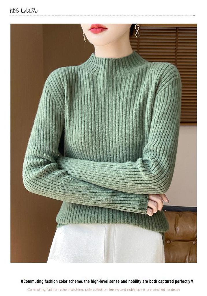 Women's Wool Ribbed Knit Sweater, Half-High Neck, Slimming Base Layer for 2024 Autumn/Winter.