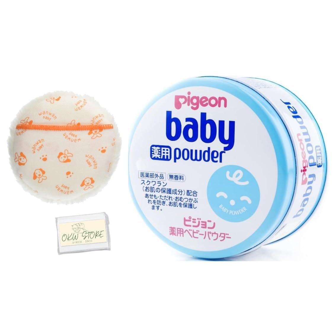 Set product Pigeon Medicinal Baby Powder Blue Can 150g (Quasi-drug) 1 piece + Wanwan Soft Puff Original Tissue included