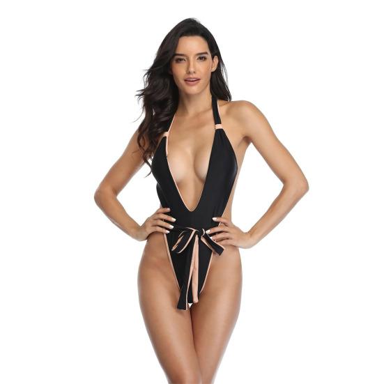 Deep V-neck Backless Bandage Women Monokini Patchwork Color Halter One-Piece Swimsuit