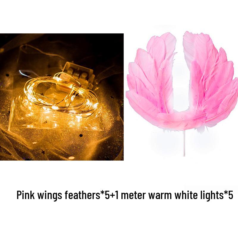 Angel Wing Feather Cake Toppers with Wire Heart String Lights