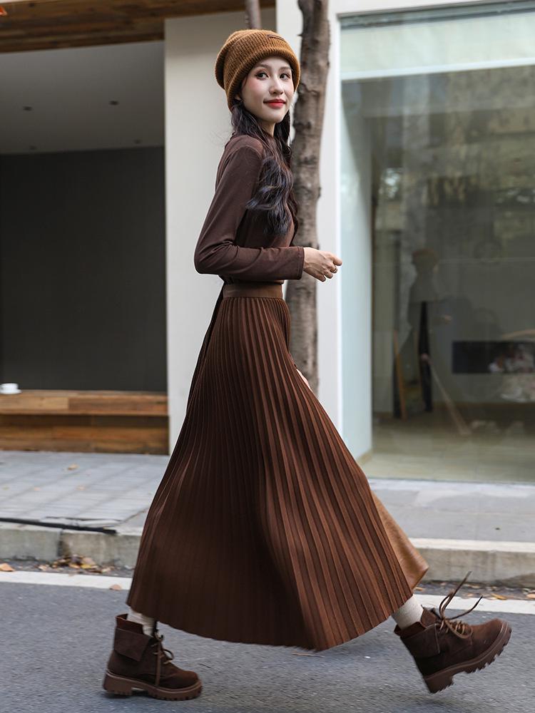 Winter 2024 Women's High-Waisted Wool Blend Pleated Midi Skirt – Slimming A-line Casual Style