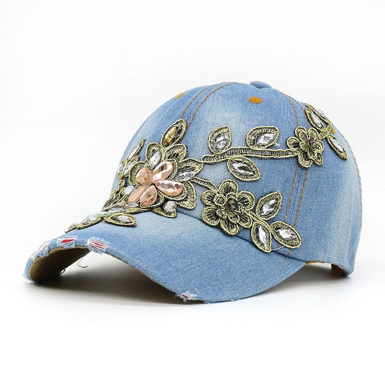 Denim Floral Rhinestone Baseball Cap for Women, Distressed Vintage Adjustable Sun Hat