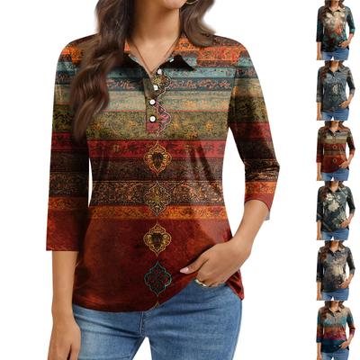 Women's Fashion Casual Lapel Short 3/4 Sleeve Print Shirt Women's Button Up Tops