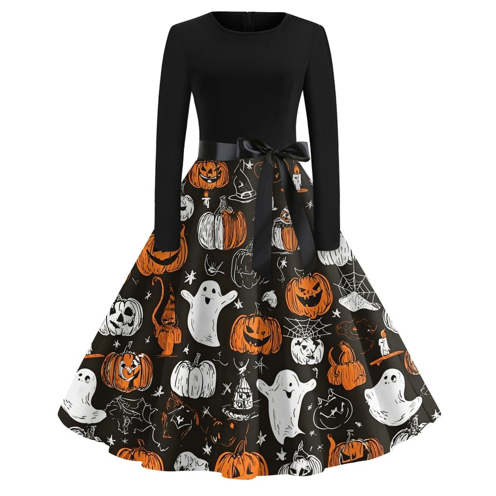 Women Casual Vintage Halloween Print Dress Long Sleeve Round Neck Retro Fit and Flare Midi Dress with Waist Tie Belt