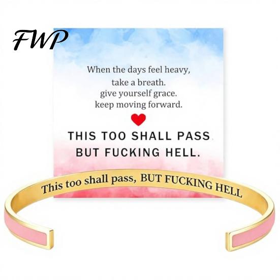 Bracciale con Messaggio Inciso Anche Questo Passerà Bracciale a Manetta Mantra, Bracciale Bangle Motivazionale Ispiratore Inciso Nascosto Gioielli Regolabili di Incoraggiamento