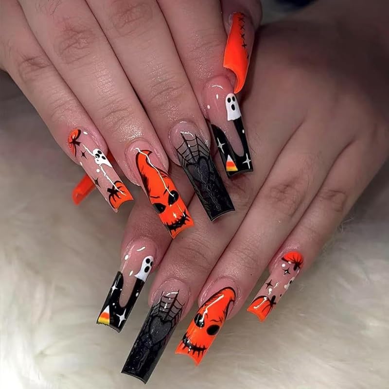 Short Almond Press on Nails Halloween Fake Nails Gothic Bat Acrylic Nail Cute Ghost False Nail with Purple Glitter Design Goth Halloween Nails Press