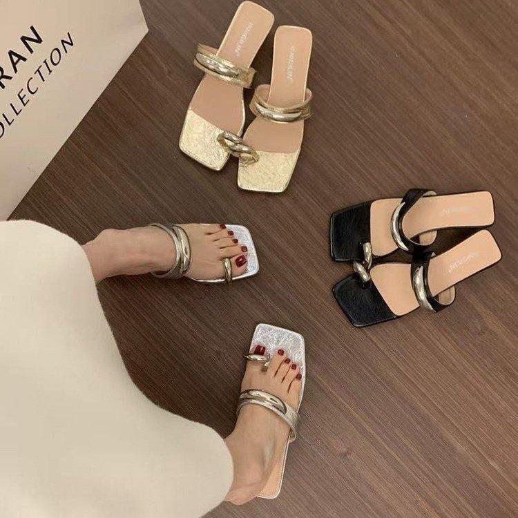 Coarse Heel French Metal Toe Slippers Women's Summer Wear 2025 New Beach Shoes Niche Square Head Cool Slippers Women