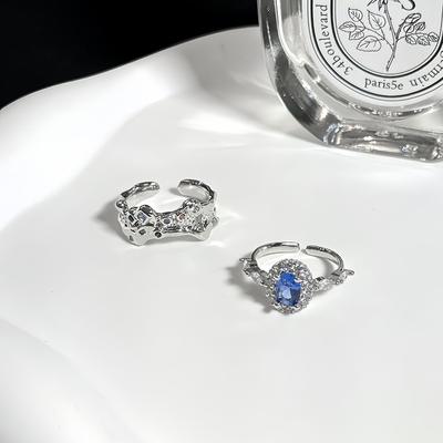 French Retro Pigeon Egg Light Luxury Blue Imitation Topaz Open Ring Adjustable Zircon Advanced Sense Ring Female
