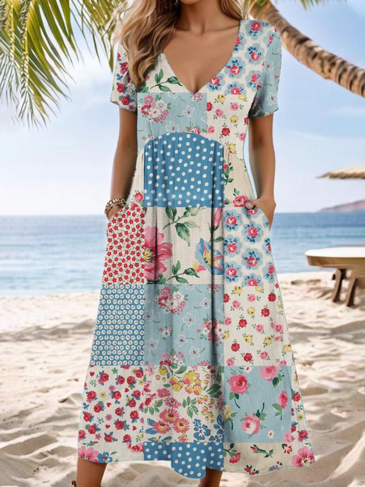 

Women s Floral Print V-Neck Short Sleeve Casual Dress with Pockets 5XL рожевий