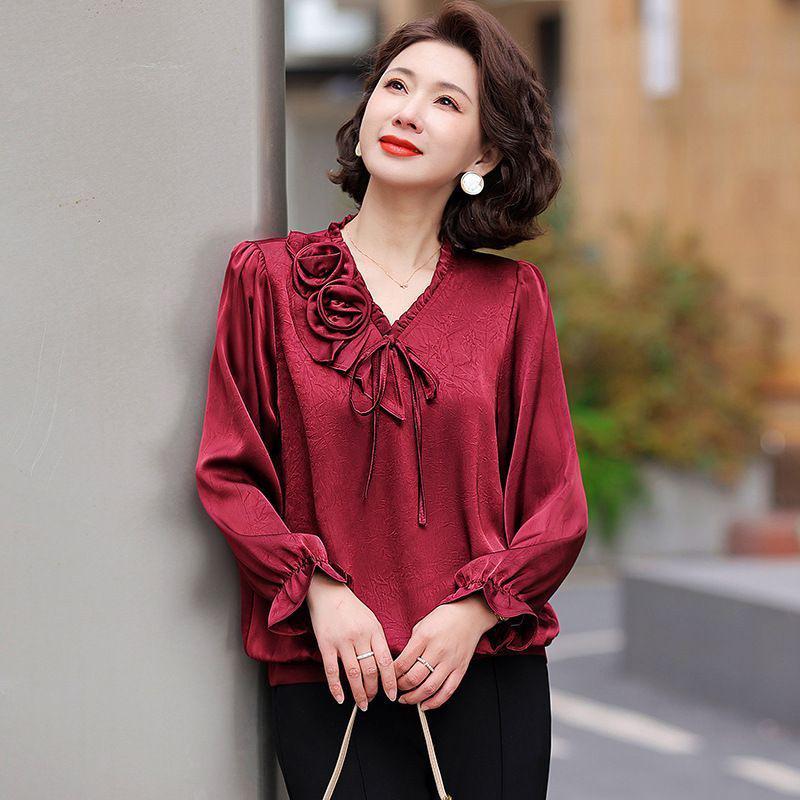 2025 Spring Wedding Banquet Top for Mother-in-law: Elegant Mid-Aged & Elderly Long-Sleeve Shirt