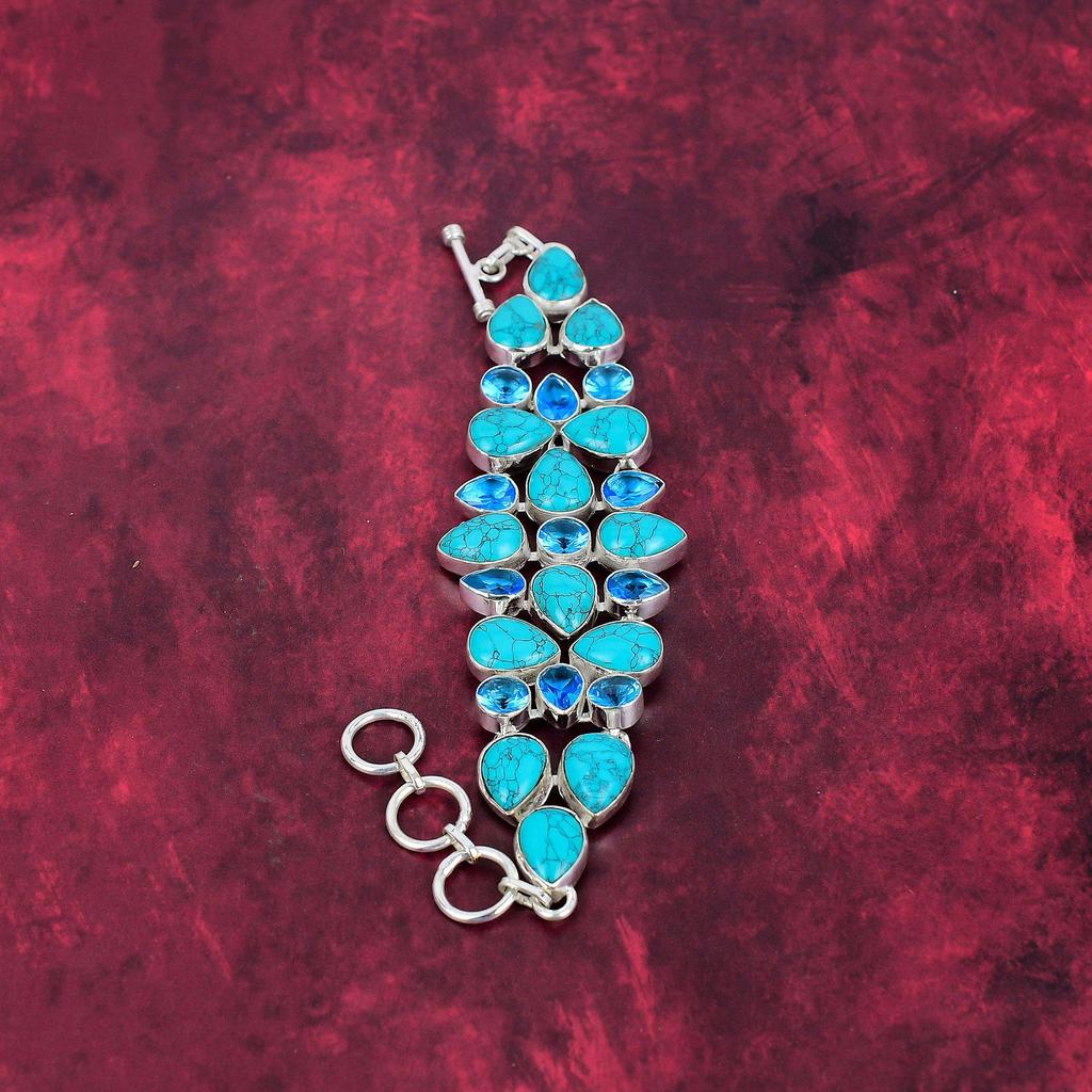 Santa Rosa Turquoise, Blue Topaz 925 Solid Sterling Silver Bracelet, Handmade Gemstone Bracelet Jewelry, Gifts For Wife Brand New Bracelet