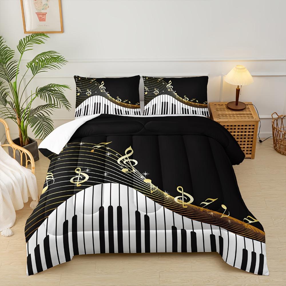 

3pcs Black Bedding Set Piano Keys Music Note Print Cozy Duvet Cover King Queen Twin Size Birthday Gift for Adult Bedroom Decor EU Single 135x200cm