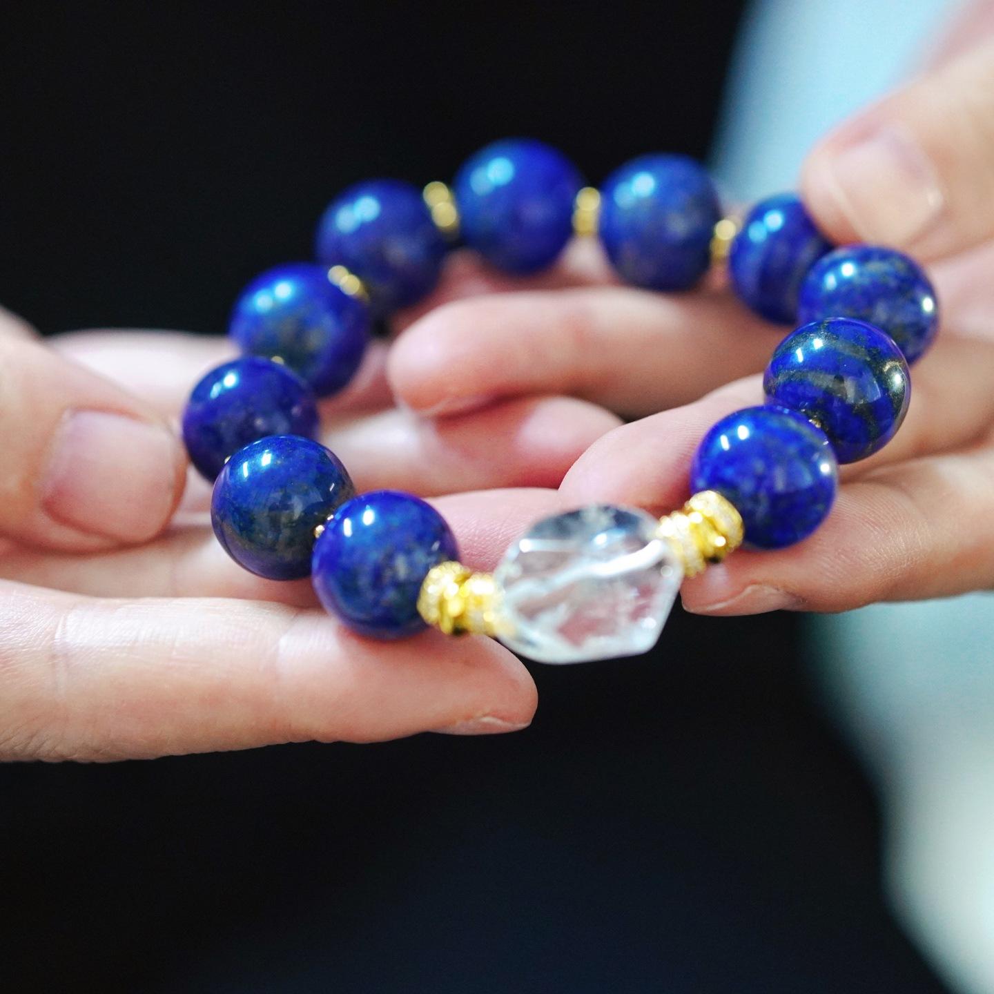 14Mm High Quality Large Particle Natural Lapis Lazuli White Crystal Design Bracelet Bracelet