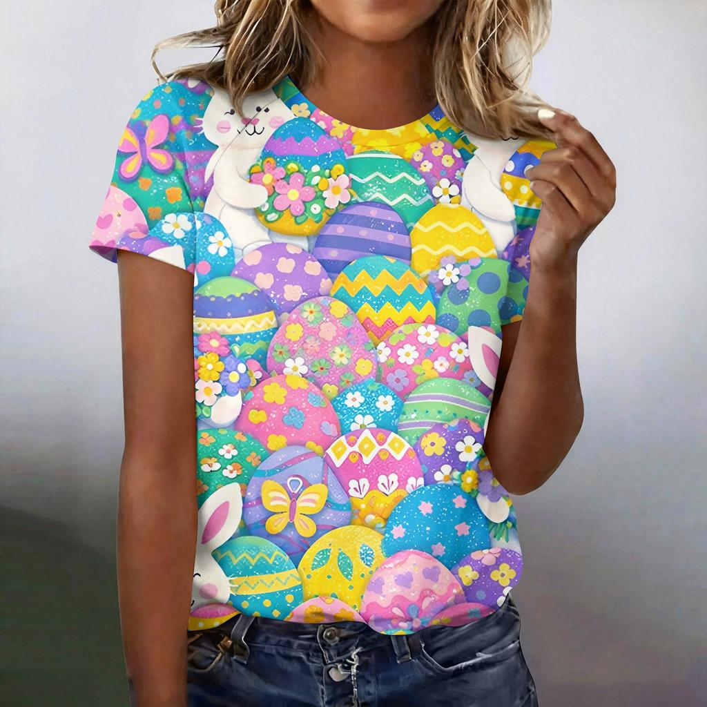 Women's Fashionable Casual Short-Sleeved Raglan Sleeve Easter Print T-Shirt Top