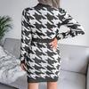 Autumn Winter Women Houndstooth Knitted Dress V Neck Long Sleeve High Waist Pack Sizes S To L