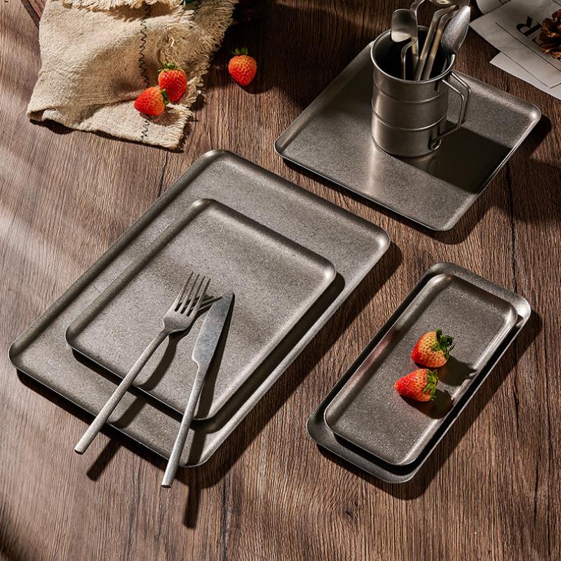 Vintage 304 Stainless Steel Snowflake Silver Square Tray Round Edge Dinner Plate Dessert Grill Tray Steak Plate Decorative Tray