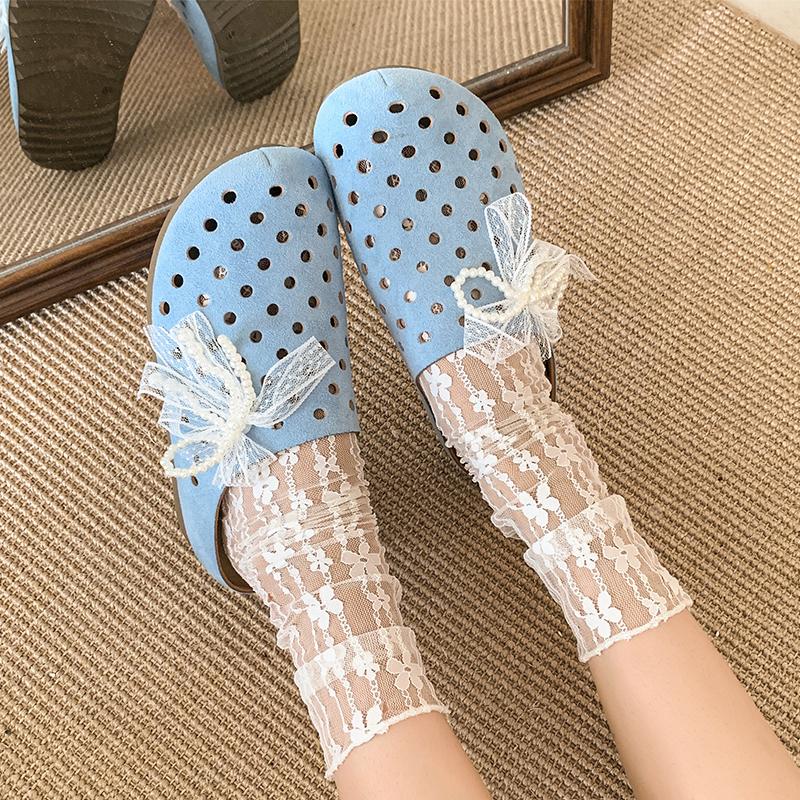 Fashion Baotou Slippers Summer New Round Head Deep Mouth Set Foot Suede Lace Beaded Soft Sole Anti-slip Wear-resistant Flat Shoes