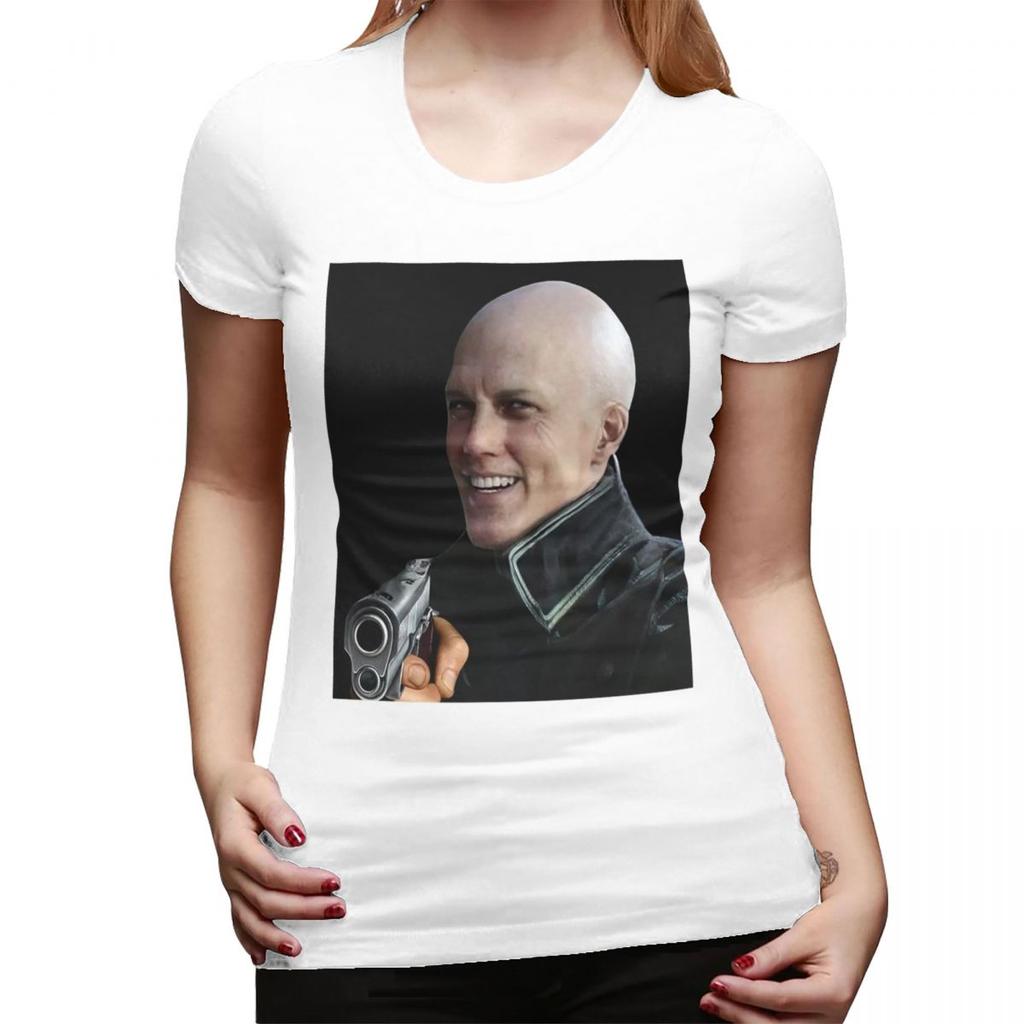 Bald Vergil Pointing A Gun Blursed Devil May Cry Face Meme TShirt for Women Round Neck T Shirts Womens Tees Short Clothes Tops