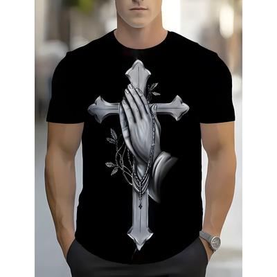 Taglie Europee T-shirt Religiosa Cattolica Nera da Uomo con Mani in Preghiera, Stampa Croce del Rosario sul Retro & Design Cristiano Vergine / Vintage