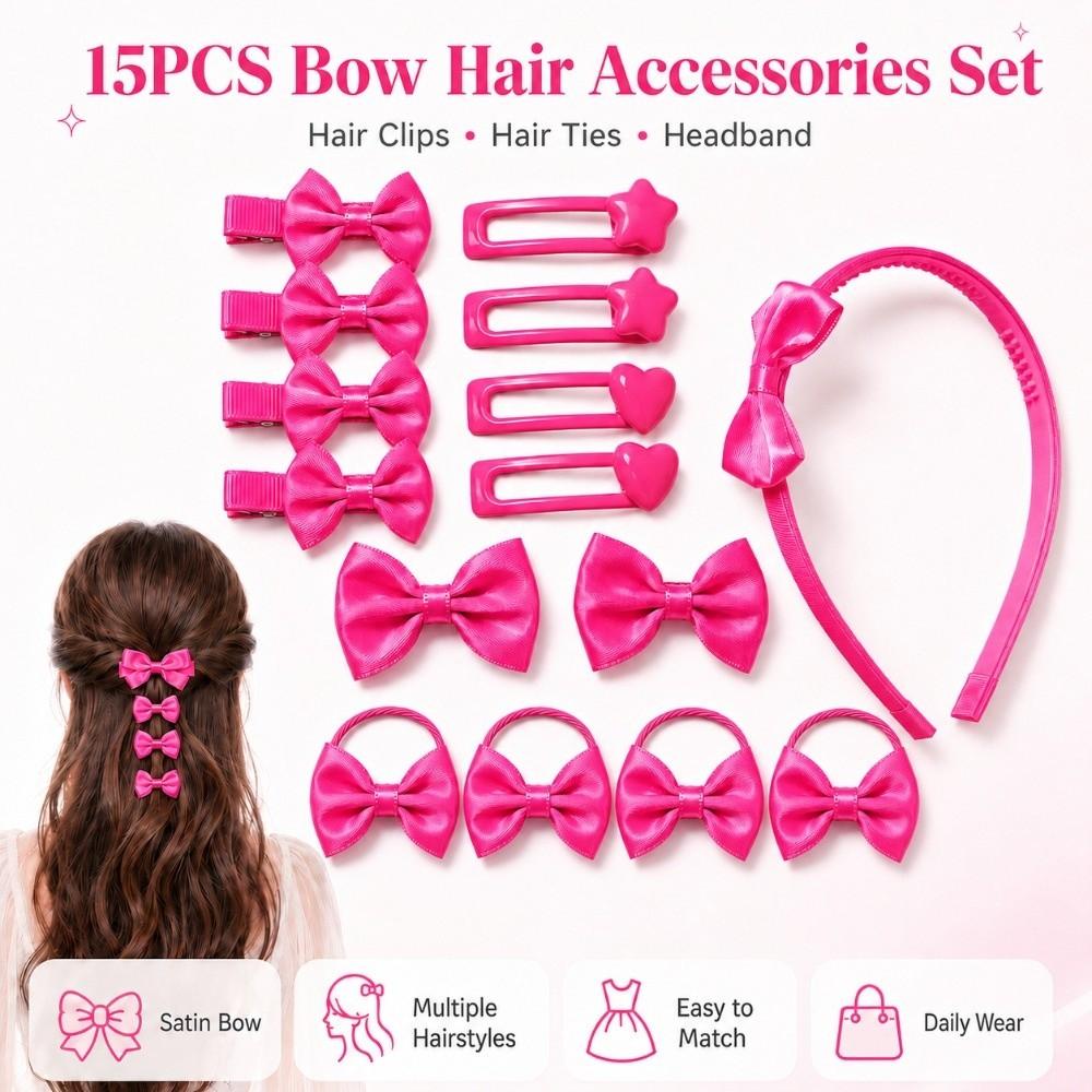 15Pcs/Set Lightweight Bow Hair Accessories Set Colorful Bow Hair Ties New Bow Headband Girls Gifts
