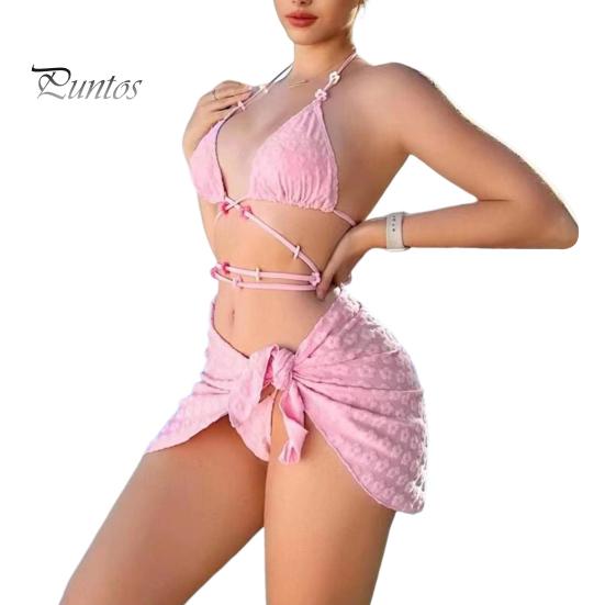 

3 шт./компл., сексуальный женский комплект бикини, жаккардовый однотонный бюстгальтер с лямкой на шее, стринги на шнуровке, комплект с юбкой, крест-накрест, купальники, женский купальный костюм L