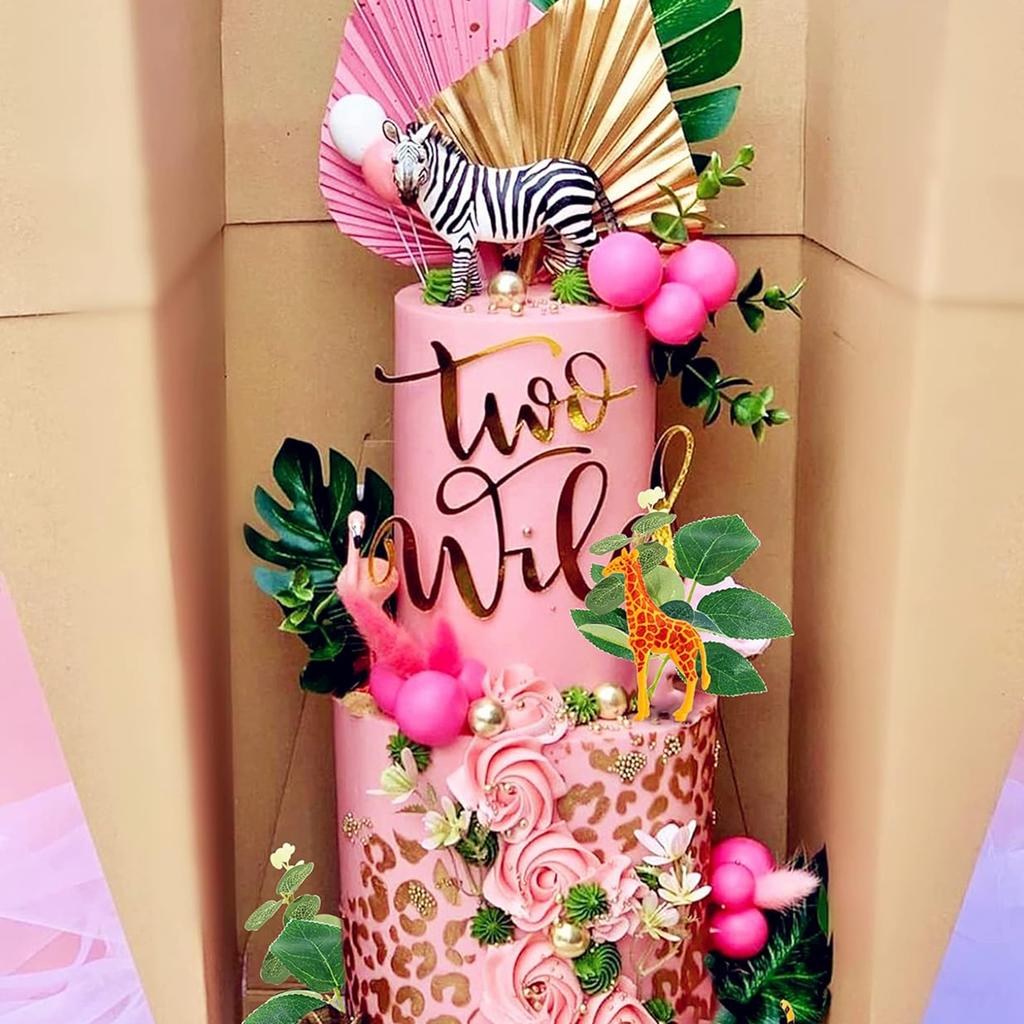 22pcs Pink Jungle Animals Cake Decoration Pink Wild Party Supplies Girl Jungle Safari Cake Decoration for Baby Shower Birthday