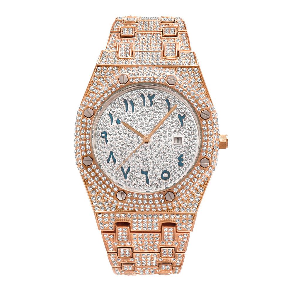 Hot Sales Calendar Full Diamond Surface Rome Scale Steel Band Watch Star Hip Hop Watch Hip Hop Watch