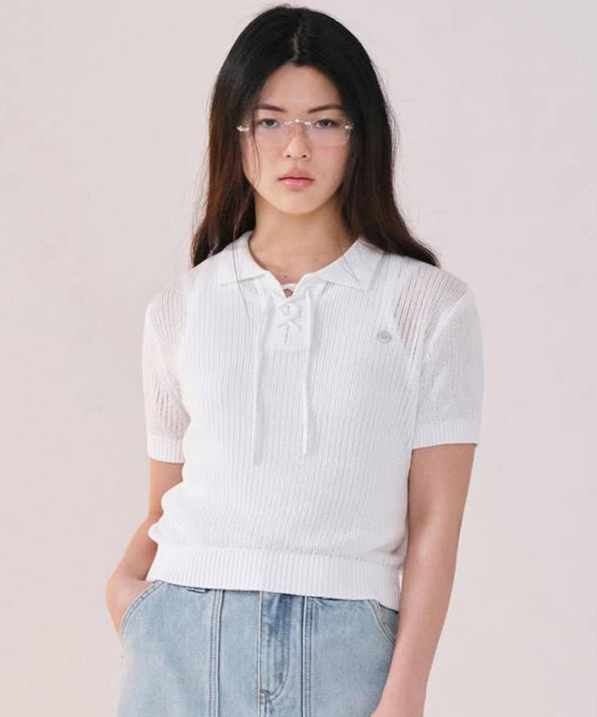 COVERNAT WOMAN Collar Lace-Up Crochet Half Knit Ivory