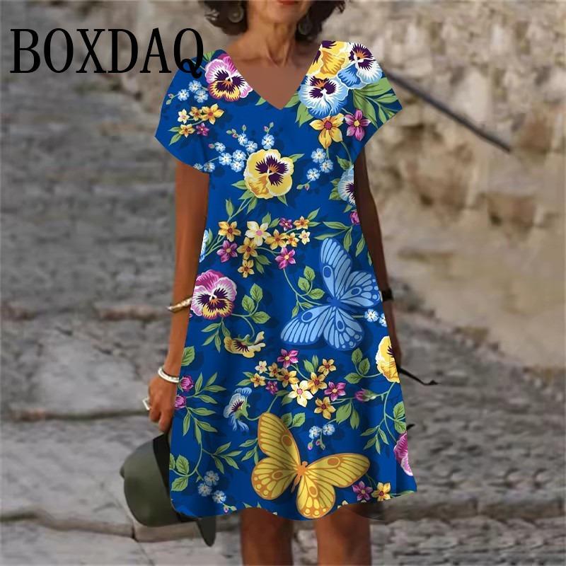 Plant Flowers Pattern Dresses Summer Women Clothing Fashion Plus Size Short Sleeve 3D Print Dress Casual Retro V-Neck Dress