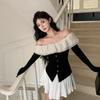 2KWEIRD Y2k Sexy T Shirt Women French Style Elegant Fashion Off Shoulder Crop Top Female Flare Sleeve Slash Neck Ruffle Slim Tees