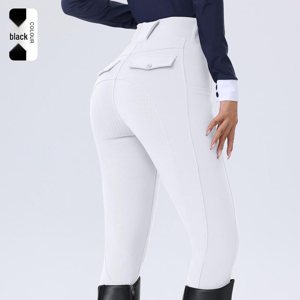 Damskie białe silikonowe bryczesy jeździeckie z pełnym lejem antypoślizgowym - Elastyczne obcisłe spodnie konkursowe jeździeckie, styl europejski i amerykański.