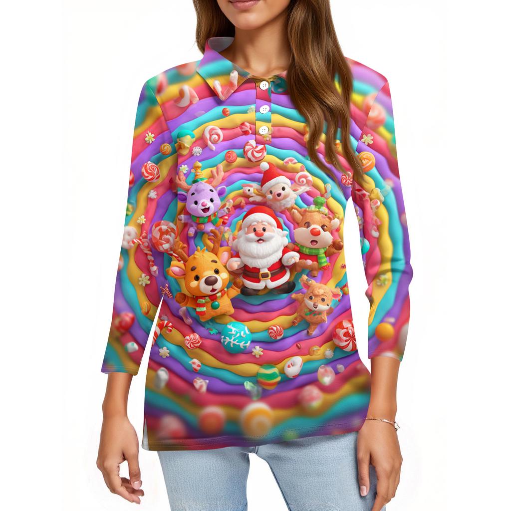 Women's Fashion Casual Button 3/4 Sleeve Vintage  Print Lapel Top