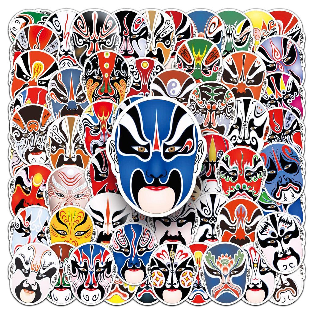 60 Pcs Peking Opera Style Face Painting Stickers for Thermos, Phones, and Planners - Creative Chinese Graffiti Decor