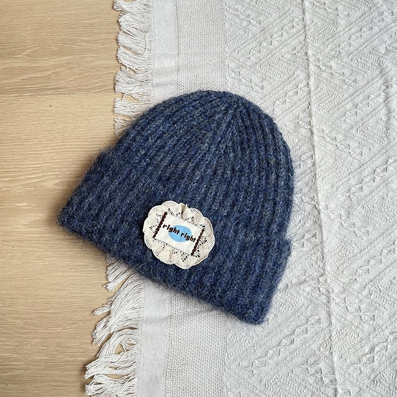 Big Head Circumference Patch Lace Knitted Wool Hat Women's Year Autumn and Winter Face Small Versatile Hat Ear Protection Cold Hat