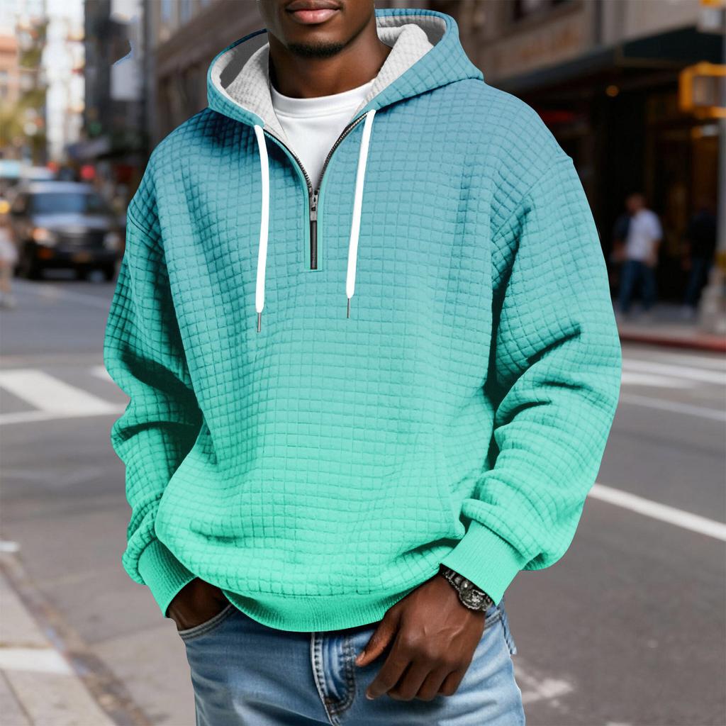 Men's Half-Zip Hooded Plaid Pullover Drawstring Print Casual Sports Sweatshirt