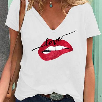 Moda İlkbahar Kırmızı Dudak Baskılı Bluzlar Kısa Kollu V Yaka Tişörtler Günlük