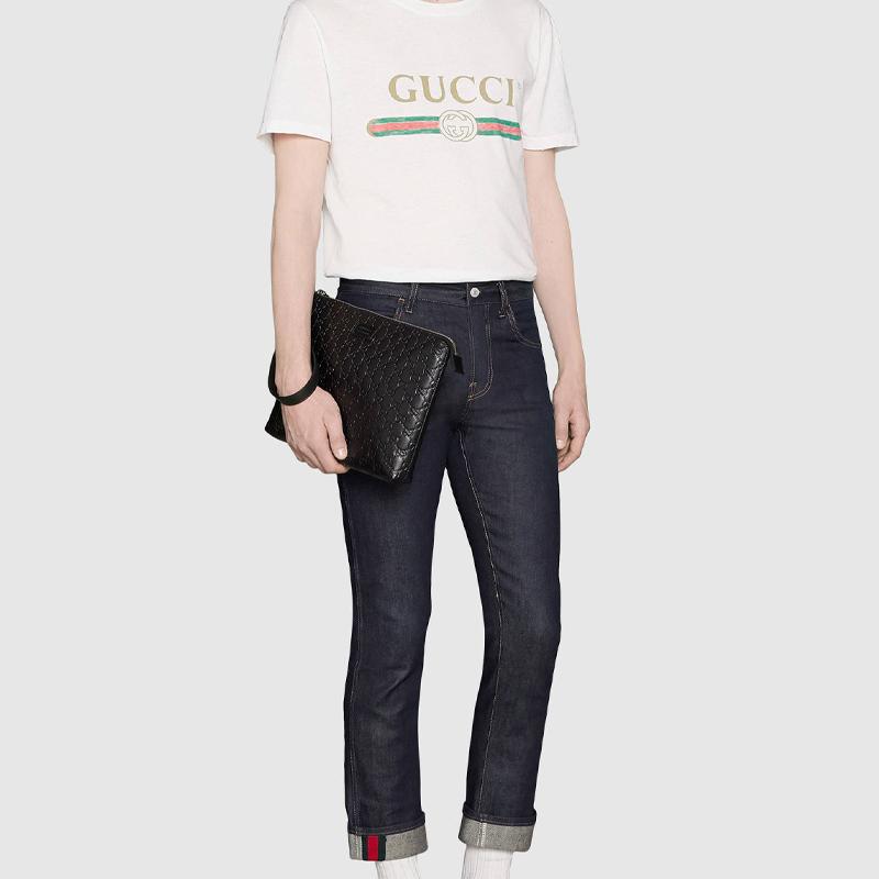 Gucci Monogram Logo Embossed Leather Clutch Men Clutch Black 473881-DMT1N-1000