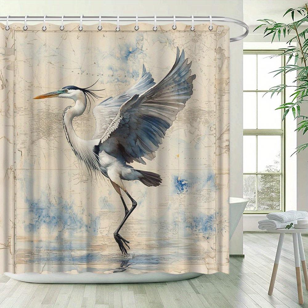 1Pc Artistic Great Blue Heron Shower Curtain With Vintage Map Background - Polyester Fabric, 12 Hooks, 70X70 Inches, Watercolor