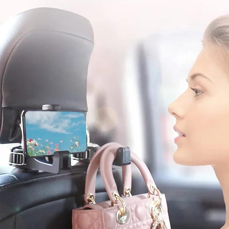 Car Seat Headrest Hook Mobile Phone Holder Multi-functional Rotatable Storage Handbag Holder Portable Car Mobile Phone Holder