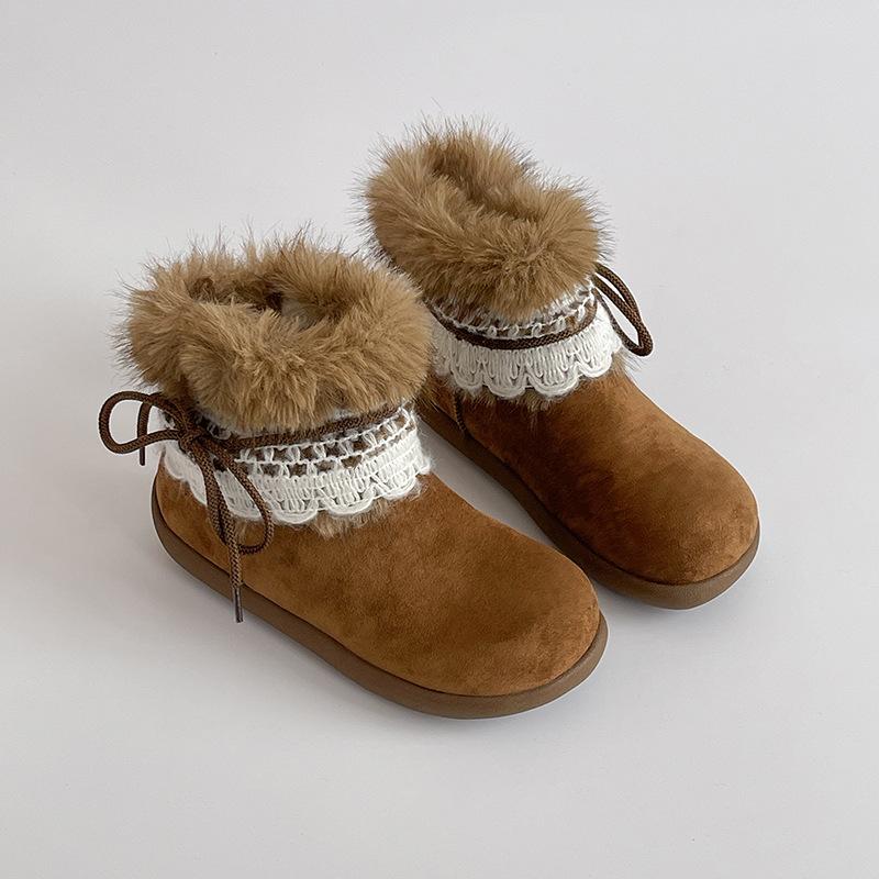 Retro style solid color lace bow velvet warm snow boots women's autumn and winter fashion flat bottom round head fashion boots