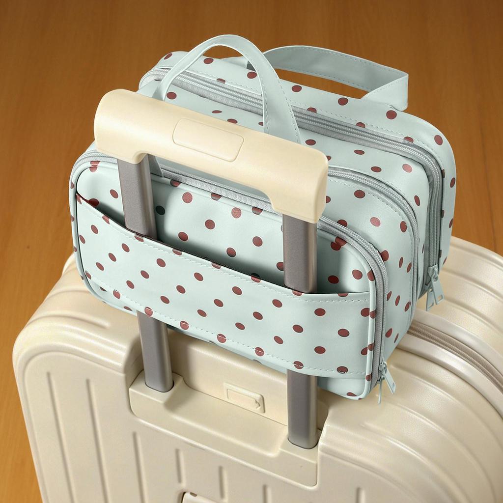 Mint Green Polka Dot Women's Makeup Bag, Large Capacity, Portable, Waterproof, with Compartments for Toiletries.
