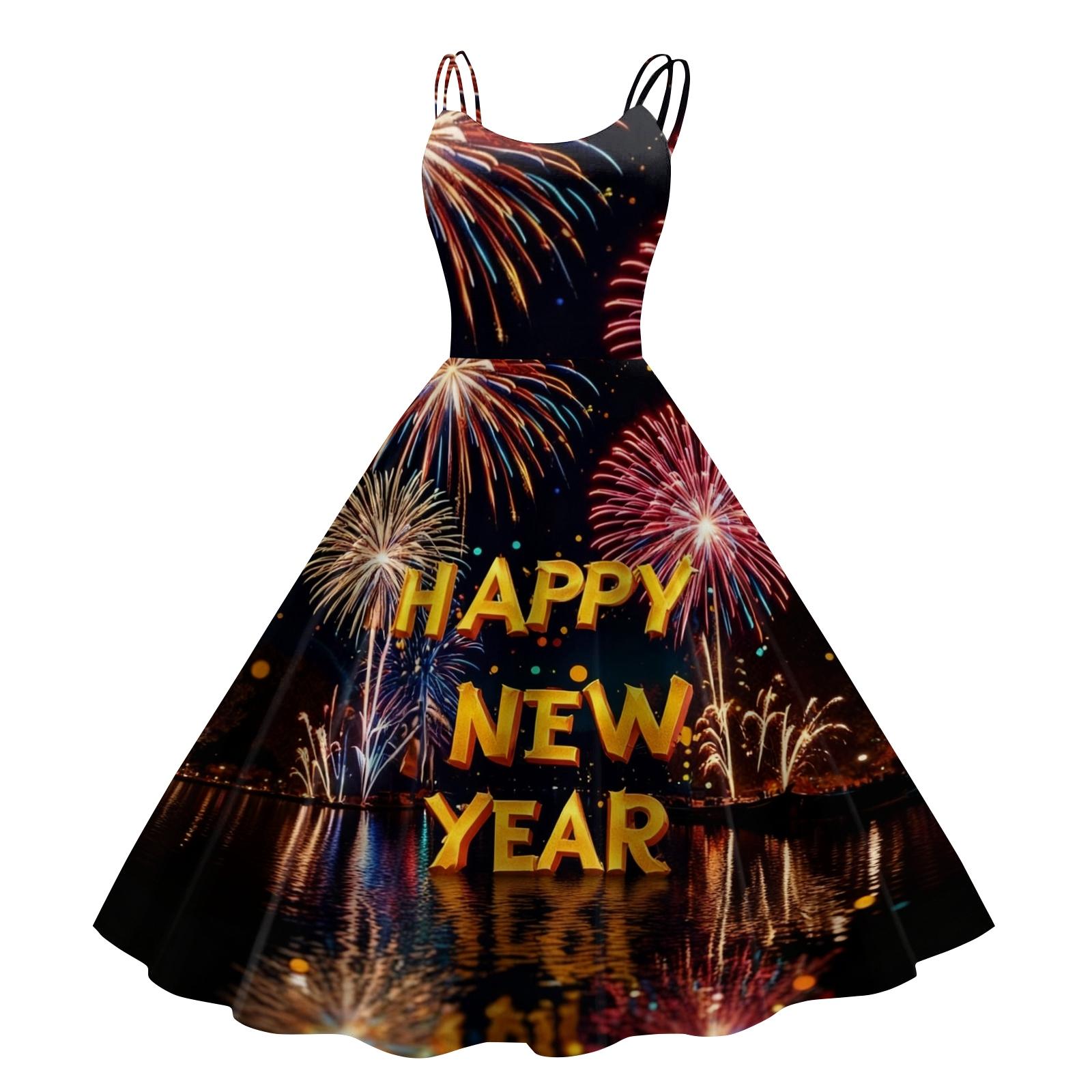 

Women s New Year Printed Casual Fashion Round Neck Midi Dress S жовтий