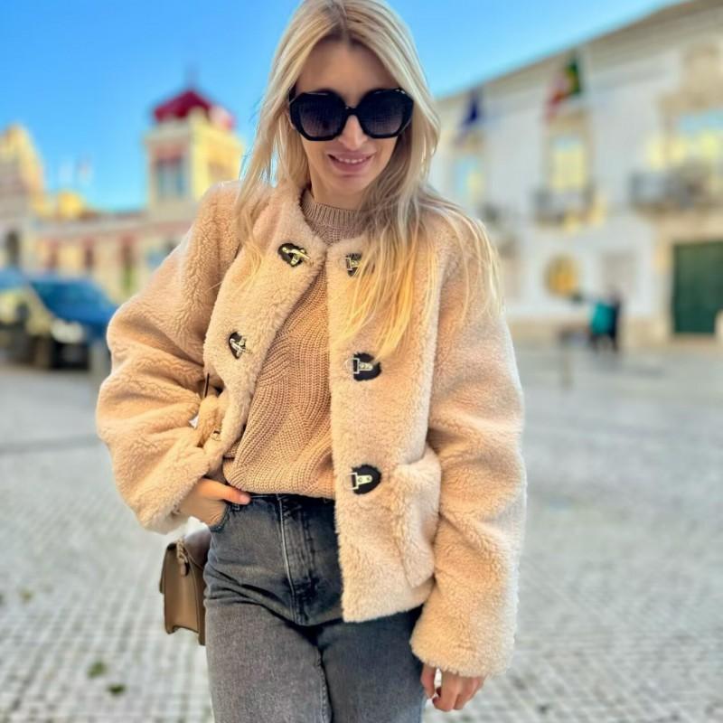 Two-Tone Snap Button Fleece Loose Fit Round Neck Cotton Blend Jacket Womens Casual Fall Top