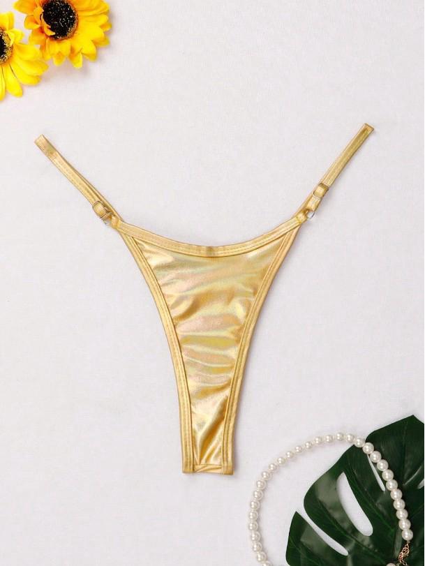 2025 European & American Women's Sexy Solid Color Stamped Thong Swimsuit Bottoms